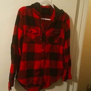Plaid Hooded Button Up Top
